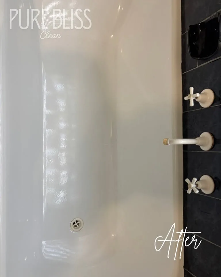 Gleaming white bathtub after a detailed Pure Bliss Clean