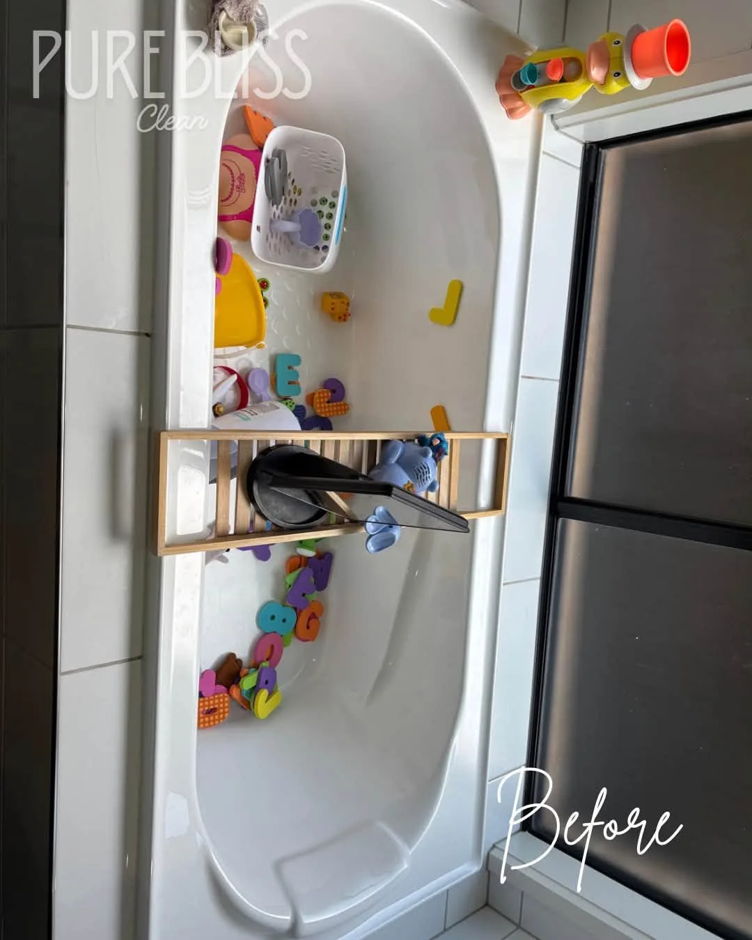 Family bath filled with toys before a Pure Bliss Clean