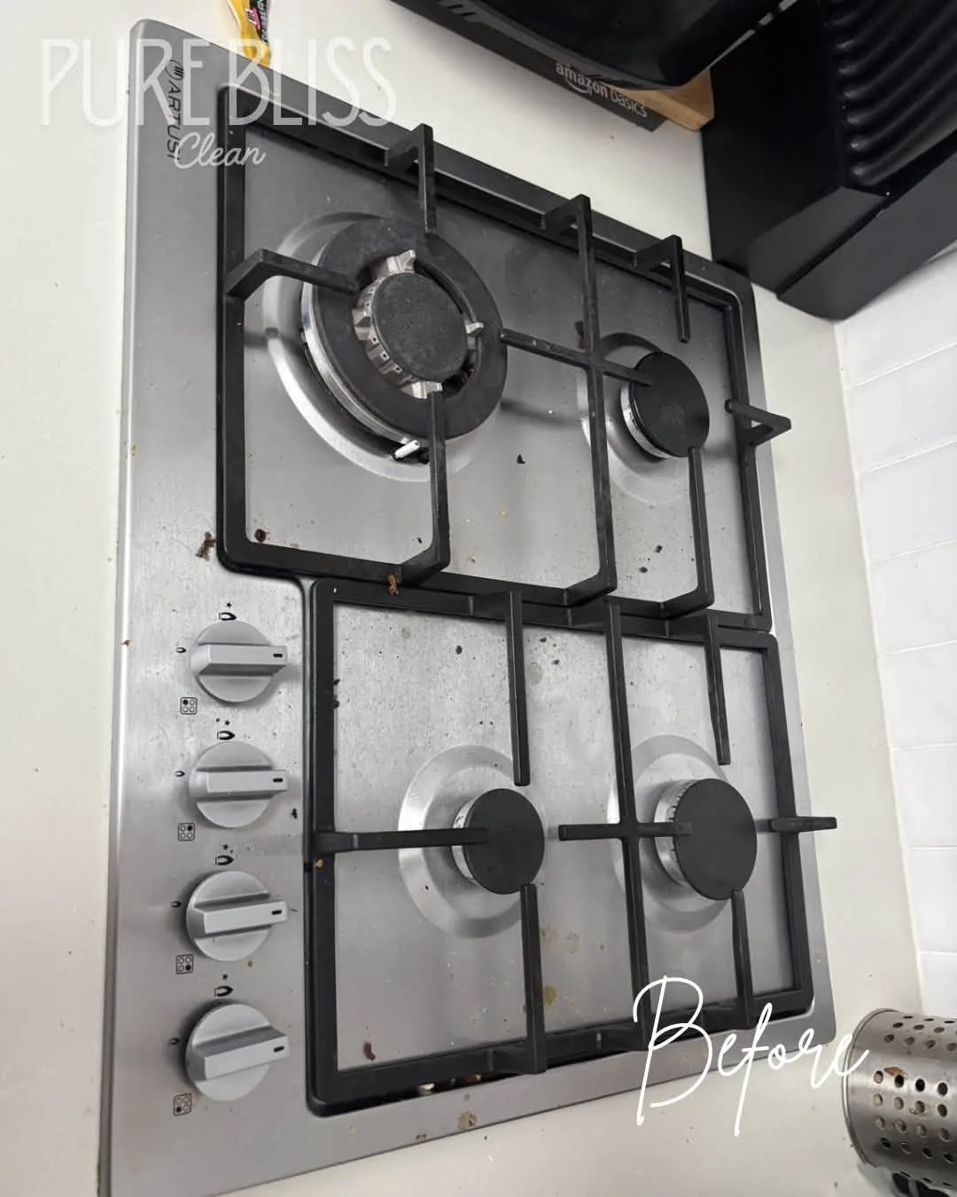 Gas cooktop with built-up grime and food residue before a Pure Bliss Clean